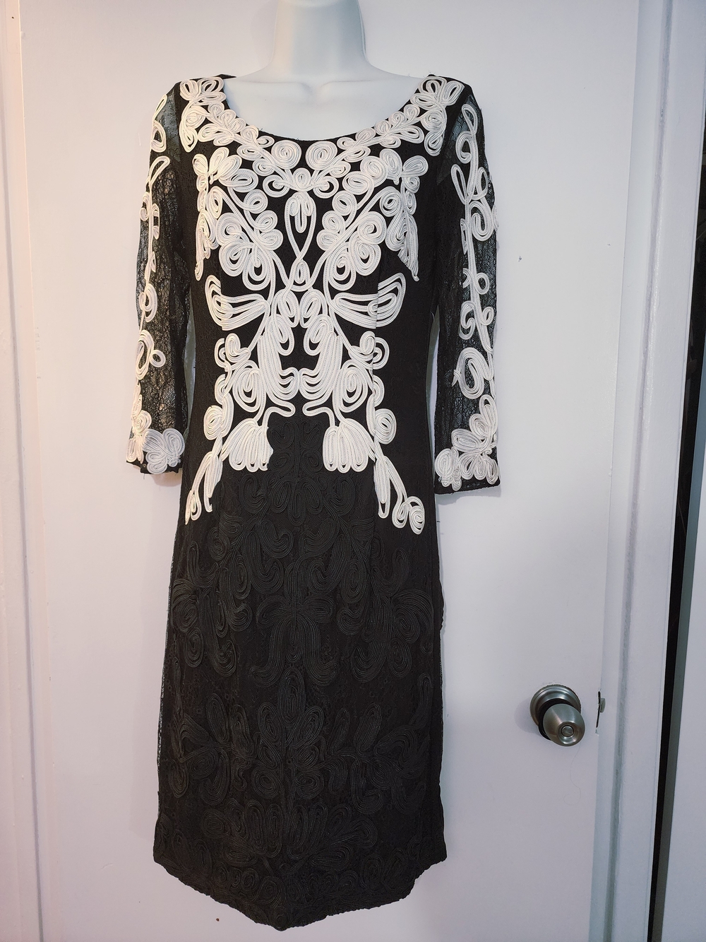 JS Collections Black and White Lace Appliqué Midi Dress
